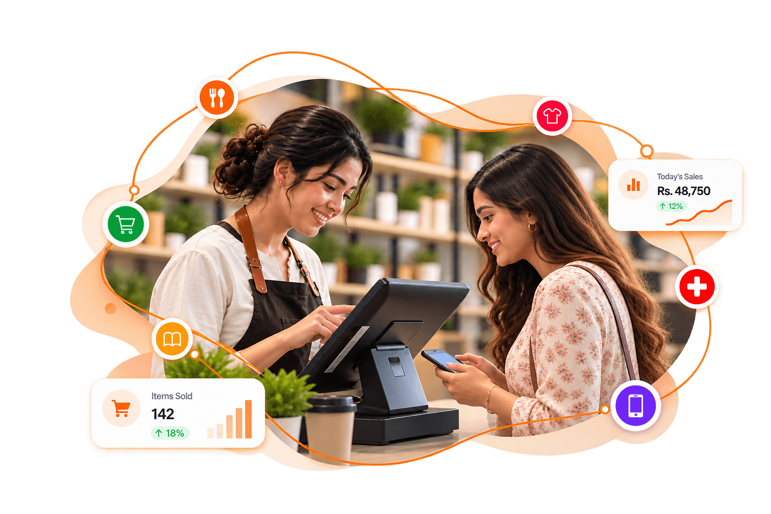 A cashier and customer at a SparkPOS checkout, with restaurant, clothing, retail, pharmacy, hardware and other shop types connected around them