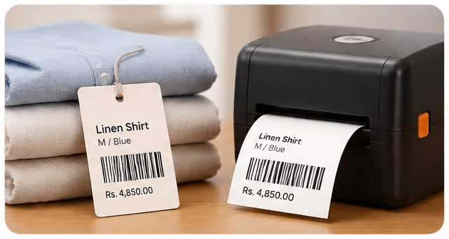 Barcode label printer with a clothing tag