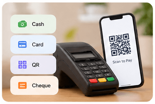 Cash, card, QR and cheque payment options